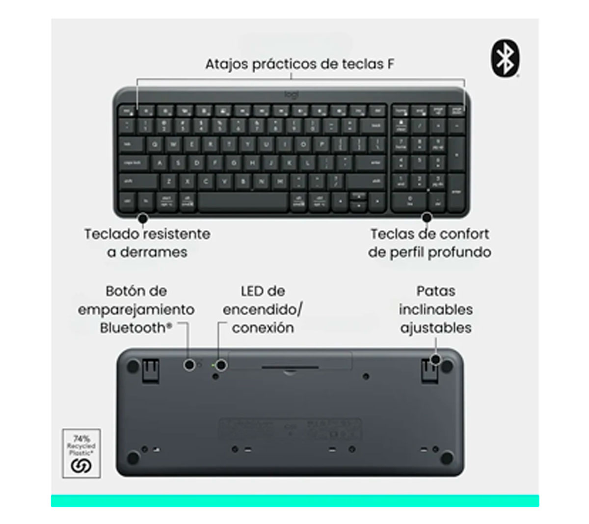 TECLADO LOGITECH K250 - INALAMBRICO - BLUETOOTH - COMPACTO - GRAFITO